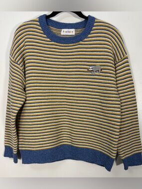 🦥 Women's Blue and Yellow Striped Crewneck Sweater 🦥